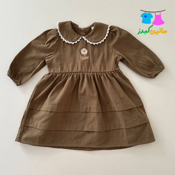 پیراهن چین دار دخترانه- لباس عید دخترانه- لباس کیوت دخترانه- پیراهن شیک دخترانه- پیراهن کتان دخترانه- پیراهن گلدوزی دختر