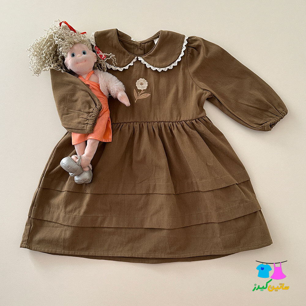 پیراهن چین دار دخترانه- لباس عید دخترانه- لباس کیوت دخترانه- پیراهن شیک دخترانه- پیراهن کتان دخترانه- پیراهن گلدوزی دختر