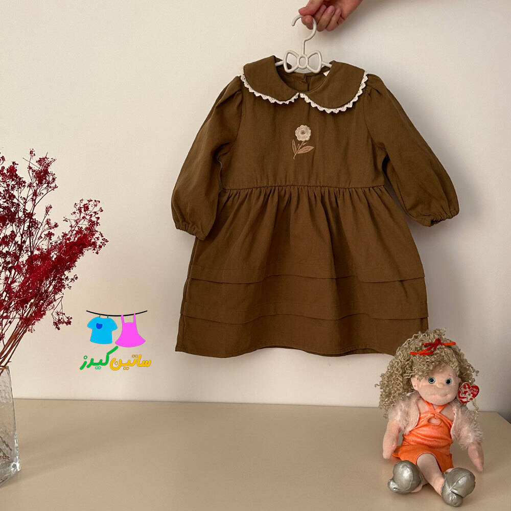 پیراهن چین دار دخترانه- لباس عید دخترانه- لباس کیوت دخترانه- پیراهن شیک دخترانه- پیراهن کتان دخترانه- پیراهن گلدوزی دختر